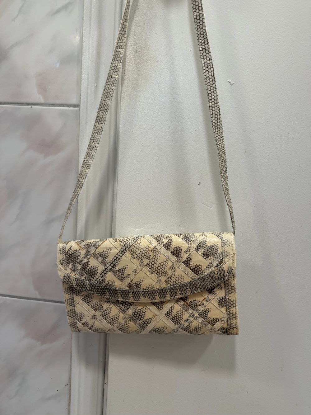 Woven Snake-Print Clutch/Shoulder Bag in Cream and Gray - Picture 5 of 5